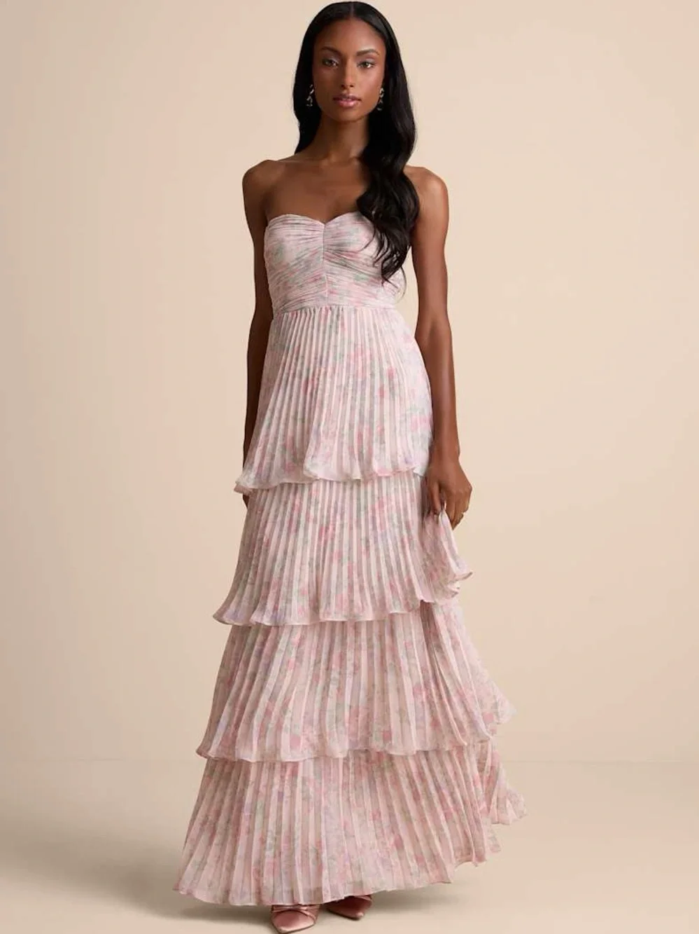Lulu's Pink Floral Strapless Tiered Maxi Dress